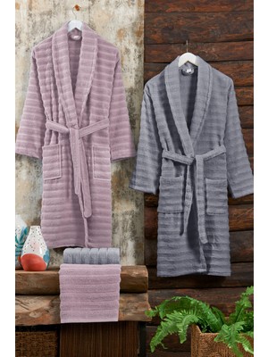 Elart Soft Bornoz Aile Seti Hamam Seti 4 Parça (70X135 Cm) Gülkurusu-Gri