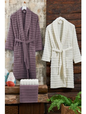 Elart Soft Bornoz Aile Seti Hamam Seti 4 Parça (70X135 Cm) Mürdüm-Krem