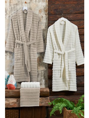 Elart Soft Bornoz Aile Seti Hamam Seti 4 Parça (70X135 Cm) Bej-Krem