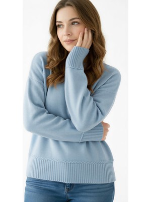 Wearified Kadın Triko Yumuşacık Oversize Bisiklet Yaka Ribana Saç Örgü Detaylı Homy Kazak