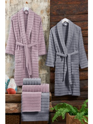 Elart Soft Bornoz Aile Seti 6 Parça (70X135 Cm) Gülkurusu-Gri