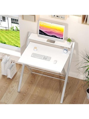 Ayz Bodo Metal Ayaklı Laptop Masası Katlanır Çalışma Masası Raflı Masa Katlanır Laptop Sehpası Beyaz - Beyaz