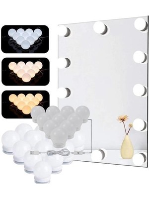Argesco Mühendislik Argesco® Nostalji Hollywood Tarzı 10LU Makyaj Masası Aynası Beyaz LED Işıklı Lamba USB