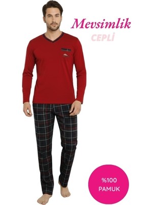 Bie's Bordo Erkek Ekose Desen V Yaka Düğmesiz %100 Pamuk Mevsimlik Uzun Kol Cepli Pijama Takımı
