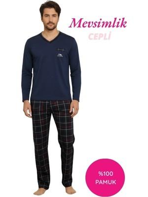 Bie's İndigo Erkek Ekose Desen V Yaka Düğmesiz %100 Pamuk Mevsimlik Uzun Kol Cepli Pijama Takımı