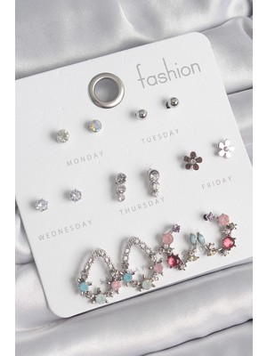 Tiklad Pirinç Gümüş Renk Zirkon Taşlı Damla Model Çiçek Detay 7 Çift Kadın Küpe Seti