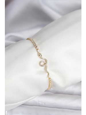 Tiklad Yılan Model Zirkon Taşlı Gold Renk Pirinç Su Yolu Kadın Bileklik