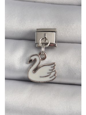 Tiklad 316L Çelik Gümüş Renk Sallantı Beyaz Kuğu Model Nomination Charm