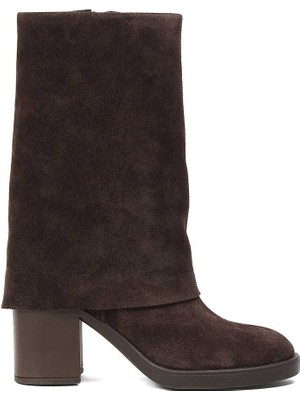 Celal Gültekin Kadın Kahverengi Fermuarlı Kalın Topuklu Süet Deri Çizme