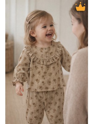 Baby Hola Fırfır Yakalı Çiçek Desenli Müslin Kız Bebek Üst ve Pantolon Ikili Set Takım Babyhola 2010