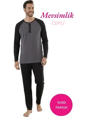 Seamlife Erkek Füme-Siyah 3 Düğmeli %100 Pamuk Mevsimlik Uzun Kollu Cepli Pijama Takımı