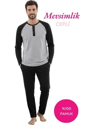 Seamlife Erkek Gri-Siyah 3 Düğmeli %100 Pamuk Mevsimlik Uzun Kollu Cepli Pijama Takımı