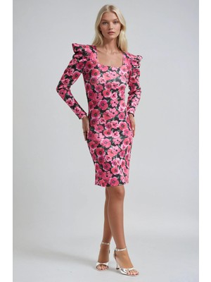 Lijuri Çiçek Desenli Kare Yaka Midi Elbise  2955