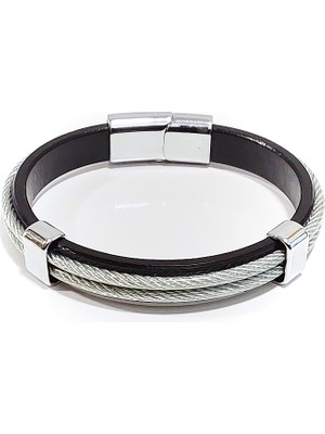 Herşey Nota Steel Line – Gümüş Halat Detaylı Siyah Deri Erkek BILEKLIK-50-678