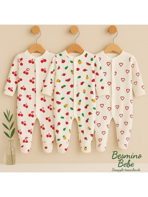 Besmino Desenli Üçlü Kız Bebek Tulum Paketi %100 Pamuk