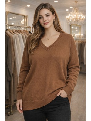 Rmg Büyük Beden Kaşmir Karışımlı Triko Kazak Kahve