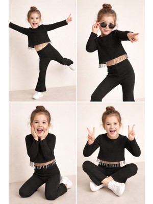 Mini Kanka Kız Çocuk Şık Zincir Detaylı Uzun Kollu Crop Üst & Pantolon Takımı