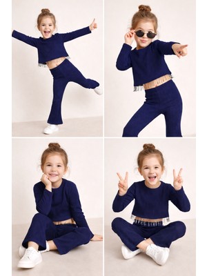 Mini Kanka Kız Çocuk Şık Zincir Detaylı Uzun Kollu Crop Üst & Pantolon Takımı