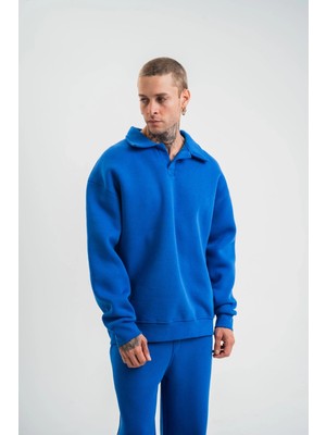 Alfanora Erkek Patlı Yaka Üç Iplik Pamuklu Sweatshirt Double Oversize Rahat Kalıp Günlük Kullanım - Mavi