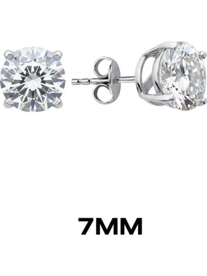 Oya Silver Yuvarlak Tırnaklı Zirkon Tektaş Rodyumlu Vidalı Unisex Gümüş Küpe 7mm [OYSY139]