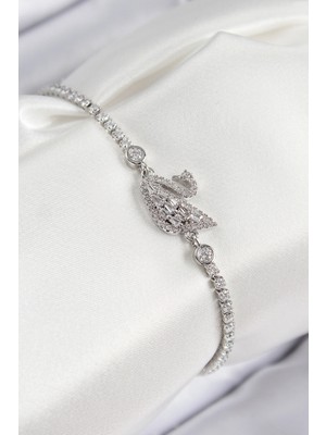 Tiklad Pirinç Zirkon Taşlı Kuğu Model Gümüş Renk Kadın Bileklik