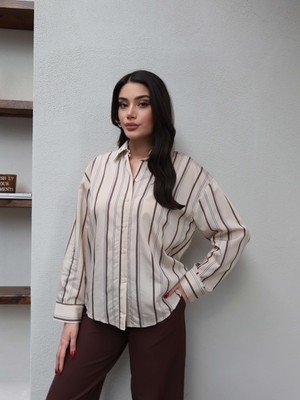 Esra Helvacı Krem Kalın Çizgili Oversize Gömlek
