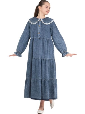 Modanino Kız Çocuk Geniş Yakalı ve Yaka Uçları Dantel Detaylı Uzun Jean Elbise 12468