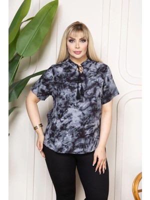 Alfanora Kadın Desenli Püsküllü Viskon Bluz Bebe Yaka Kısa Kollu Big Size Rahat Kesim - Desenli