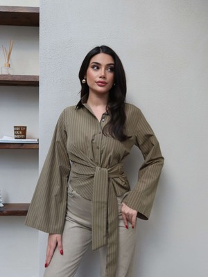 Esra Helvacı Çizgili Yan Bağlamalı Gömlek