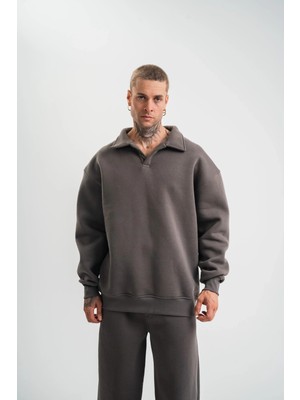 Alfanora Erkek Patlı Yaka Üç Iplik Pamuklu Sweatshirt Double Oversize Rahat Kalıp Günlük Kullanım - Füme