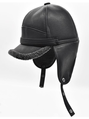 Külah Deri Siyah Kürklü Siperli Pilot Şapka