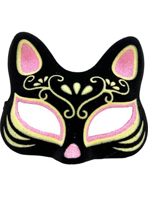 Popüler Sepet Siyah Renk Süet Kaplama Üzeri Pembe Sarı Simli Kedi Maskesi 17X14 cm