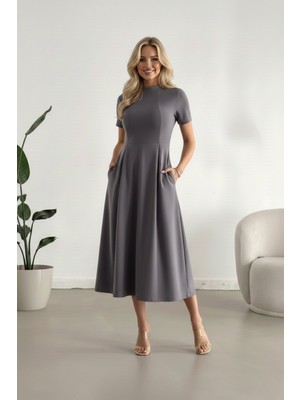 Alpaco Kadın Kısa Kollu Cepli Uzun Krep Kumaş Elbise