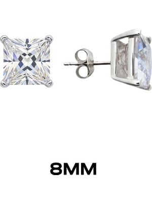 Oya Silver Kare Tırnaklı Zirkon Tektaş Rodyumlu Vidalı Unisex Gümüş Küpe 8MM[OYSY140]