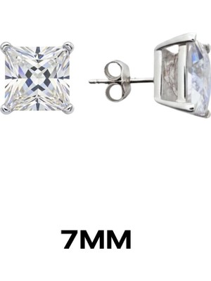 Oya Silver Kare Tırnaklı Zirkon Tektaş Rodyumlu Vidalı Unisex Gümüş Küpe 7MM[OYSY140]