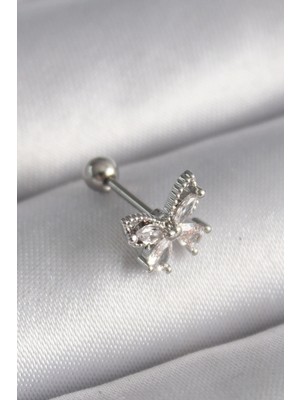 Tiklad 316L Çelik Gümüş Renk Zirkon Taşlı Kelebek Tragus Piercing