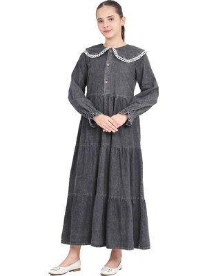 Modanino Kız Çocuk Geniş Yakalı ve Yaka Uçları Dantel Detaylı Uzun Jean Elbise 12468