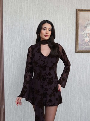 Esra Helvacı Kadife Baskı Fularlı Mini Elbise