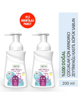 INCIA %100 Doğal Köpük Kastil Sabunu Çocuklar İçin Zeytinyağlı 10 Bitkisel Değerli Yağ Vegan 200 ml X2 Adet