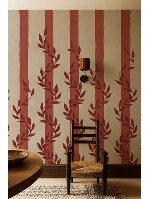 Arkhearts Floroma – Bordo Yaprak Desenli Çizgili Kendinden Yapışkanlı Duvar Kağıdı