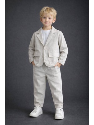 Kr Kids Butik Erkek Çocuk Bej Keten Ceket ve Pantolon 2’li Takım