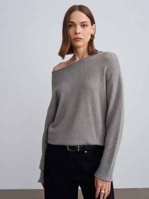 Dilvin 10854 Kayık Yaka Yumuşak Dokulu Kazak-Gri