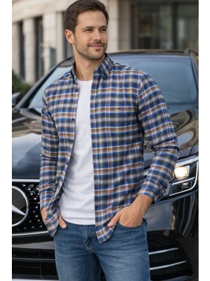 Varetta Erkek Mavi Kışlık Gömlek Kareli Cepli Klasik Kesim