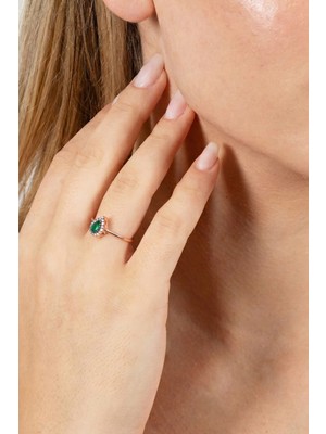 Söğütlü Silver 925 Ayar Gümüş Yüzük Ros Gold Kaplama Elmas Montürlü Işıltılı Damla Kesim Tektaş Yüzük