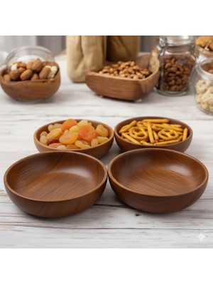 Dystopia 4'lü Yuvarlak Akasya Çerezlik Kase Sunumluk Daire 4 Adet | Sunumluk Servis Kasesi Kahverengi