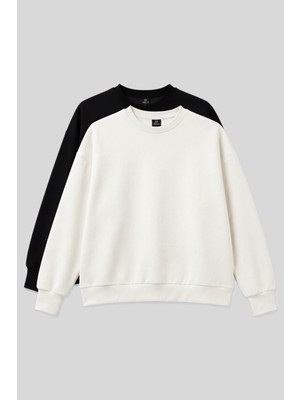 Basic Oversıze O Yaka 2li Paket Siyah-Ekru Kadın Sweatshirt - 97053