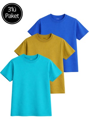 Rich Kadın 3'lü Paket Hardal-Turkuaz-Saks Mavi %100 Pamuk Oversize Basic Tişört Bisiklet Yaka Relaxed T-Shirt