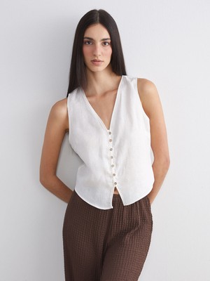 Lc Waikiki Yeni Sezon V Yaka %100 Keten Kadın Klasik Yelek