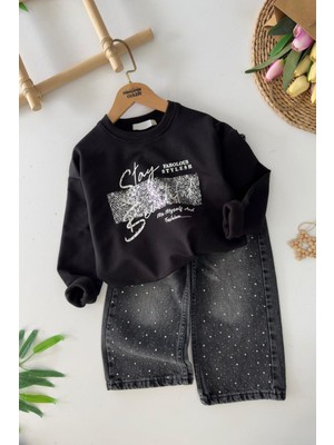 Miniğimin Cicileri Stay Beautiful Taşlı Kot Pantolonlu Kız Çocuk 2 Li Takım - Siyah