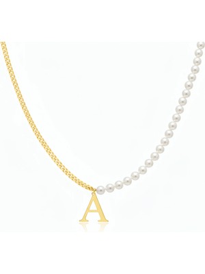 Mavili Gümüş Inci Harf Gümüş Kolye - Altın